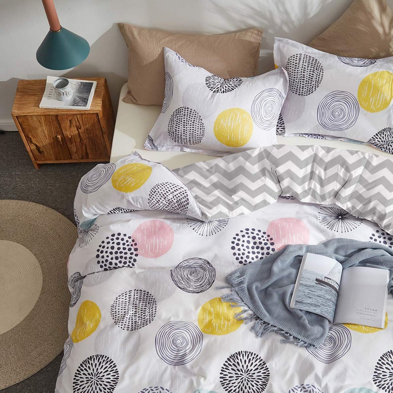 Uozzi Bedding 3 Piece Duvet Cover Set Queen (1 All Season Design Summer Duvet Cover + 2 Pillow Shams) with Colorful Dots, 800 - TC Comforter Cover with Zipper Closure, 4 Corner Ties - Pink Gray Yellow Circles - Image 5